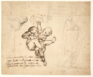 Estudo para dois jogando putti, folhas e uma figura drapeada com uma urna de Pietro Testa