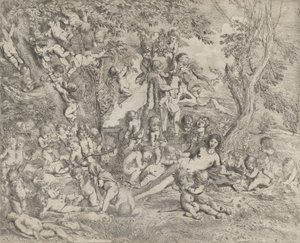 O Jardim de Vênus que se reclina no centro diante de uma ermida de Pã e cercado ..., ca. 1631-37.