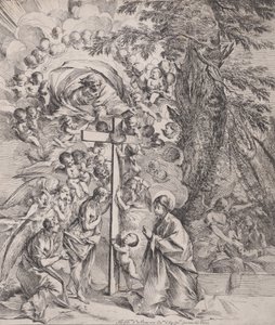 O sonho de São José, que está dormindo à direita, a Virgem e o Menino por um cro..., ca. 1635-37. de Pietro Testa