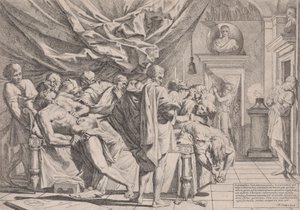 O suicídio do filósofo Catão, que está deitado em sua cama puxando suas entranhas assistido b..., 1648.