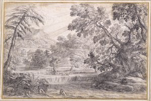 A Wooded River Landscape, c.1650 (giz preto, pincel e tinta cinza com lavagem cinza no papel) de Pietro da Cortona