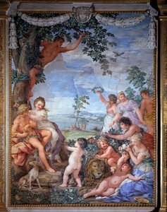 Alegoria das quatro idades, a idade de ouro Fresco por Pietro da Cortona (Pedra de Cortona) (1596-1669) 1637 Salle du Poele (Sala do Fogão), Galeria Palatino, Palazzo Pitti, Florença