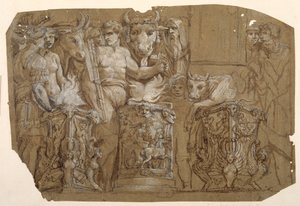 O sacrifício antigo e o casamento de Perseu e Andrómeda, depois de Polidoro da Caravaggio (c.1499-1543) (caneta e tinta marrom com lavagem marrom realçada com cor de corpo branca sobre preliminares em giz preto sobre papel lavado de marrom) de Pietro da Cortona