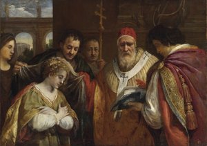 Flavia Domitilla (morte apres 95) recebant le voile du pape Clemente I - Santa Domitilla recebendo o véu do Papa Clemente I par Cortona, Pietro da (1596-1669). Óleo sobre tela, tamanho : 123x172,7, , Coleção Particular de Pietro da Cortona