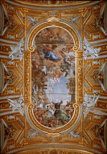 A Virgem aparece a São Filipe Neri (Filippo Neri) durante a construção da igreja Vista dos frescos da abóbada por Pedro de Cortona (Pietro da Cortona) (1596-1669) (Milagre da Madonna della Vallicella por Pietro da Cortona, fresco do tecto