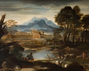 Paisagem com um lago e uma cidade murada, 1635. de Pietro da Cortona