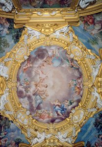 A Sala di Apolo Hall of Apollo detalhe da decoração do teto representando Cosimo I deMedici 1519-74 sendo apresentado a Apolo, afresco c.1647 de Pietro da Cortona