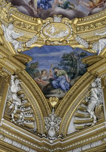 A Sala di Apollo Hall of Apollo detalhe de pendentista retratando as musas Thalia e Clio, c.1647 afresco de Pietro da Cortona