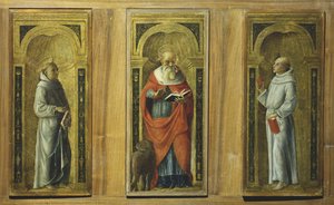 Três painéis - São Francisco, São Jerônimo e Santo Antônio de Pádua, c.1480 (têmpera sobre painel) de Pietro di Francesco degli (circle of) Orioli