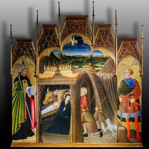Adoração dos Pastores entre os Santos Galgano e Agostinho, Primeira metade do século XV (têmpera sobre painel) de Pietro di Giovanni da Ambrogio
