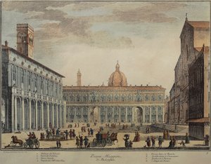Itália, Bolonha, Piazza Maggiore ou Piazza Grande, de Pio Panfili, gravura de Pio Panfili