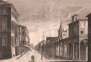 Vista da Strada Maggiore em Bolonha, Emília-Romanha, Itália, gravura em cobre de C Lambertini segundo um desenho de Pio Panfili (1723-1812), cerca de 13,5x19 cm de Pio Panfili