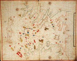 Mar Egeu, de portolan atlas constituído por seis cartas, de Placido Caloiro e Francesco Oliva, Parchment. 1646.