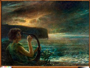 Lua cheia, Homenagem a uma divindade feminina, jogando lira numa paisagem marítima com céu tempestuoso (óleo sobre tela
