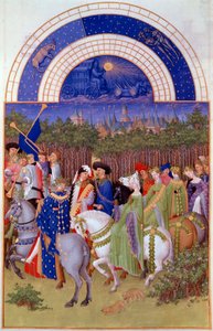 Cortejo de nobres e músicos a cavalo, vista do Palácio Ducal de Riom (?) e o mês de Maio. Miniatura flamenga de Pol De Limburg (século XV) do manuscrito "As riquíssimas horas do Duque de Berry". de Pol de Limbourg