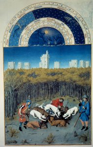 Dezembro: cena de caça. Na vista de fundo da miniatura flamenga Vincennes de Pol De Limburg (século XV) do manuscrito "The very rich hours of the Duke of Berry".