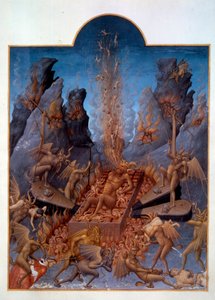 Que diabo. Os demônios operam o fole para agitar o fogo, queimando as represas e fazendo-as sofrer vários tormentos. Miniatura em "As horas muito ricas do Duque de Berry". Pintura de Pol De Limburg (século XV)