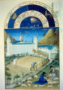 Julho: "Le chateau de Poitiers, scene of harvest and shear" miniatura flamenga de Pol De Limburg (século XV) do manuscrito "The very rich hours of the Duke of Berry".
