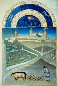 O mês de Março: a lavoura Em primeiro plano, o trabalho agrícola, os camponeses lavrando um campo, o tamanho da vinha, no fundo o castelo de Lusignan - Miniatura em "Les tres riches heures du Duke de Berry" de Pol De Limburg (Século XV) - C