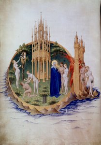O pecado original, Adão e Eva expulsos da Miniatura do Paraíso em "The very rich hours of the Duke of Berry" por Pol De Limburg (século XV). Chantilly, Musee Conde