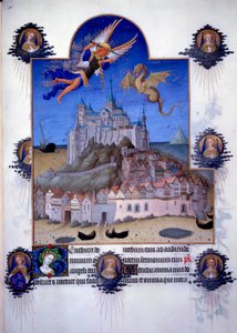 Vista do Monte Saint Michel (Mont-Saint-Michel): o arcanjo Saint Michel e a asa do dragão são representados lutando no ar. Miniatura flamenga de Pol de Limburg de "The Book of Good Moors" de Jacques o Grande (1360-1415/1418), dedicada a João