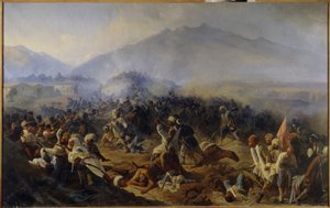 O cerco de Akhty em 1848. Cena de combate nas montanhas do Cáucaso do Norte, entre o exército russo e as tropas do Imam Shamil (Shamil) (1797-1871), que liderou seus guerreiros no desejo de independência e por motivos religiosos ( Jihad). Pintado de Polidor Ivanovich Babaev