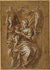 A Madonna e a Criança entronizadas (caneta e tinta castanha com a cor do corpo sobre papel) de Polidoro da (follower of) Caravaggio