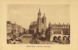 Cracóvia-Krakau: Praça do Mercado Principal com a Igreja de Santa Maria (fotografia a preto e branco) de Polish Photographer