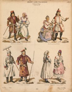 Exemplos de trajes folclóricos poloneses, publicados por KS Wolski, Cracóvia, 1888