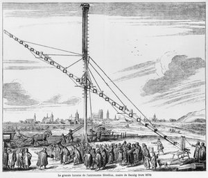 O Grande Telescópio Astronômico de Johannes Hevelius (1611-1687) ilustração de Machina Coelestis por Hevelius, Gdansk, publicado em 1670