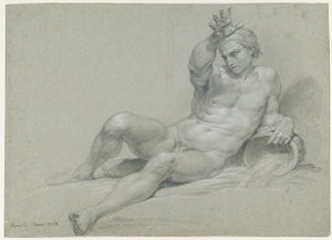Estudo de nu de um modelo masculino reclinado, com o braço direito erguido, na pose de um antigo deus fluvial, visto obliquamente da esquerda de Pompeo Girolamo Batoni