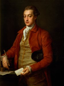 Retrato do Damer Hon. Lionel, meio comprimento em casaco vermelho com colete cinzento e Cravat branco, segurando um papel e uma pena de pena (óleo sobre tela) de Pompeo Girolamo Batoni