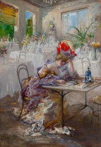 Uma carta (ou Senhora no Café) por Mariani, Pompeo (1857-1927). Óleo sobre papelão, tamanho : 49x34