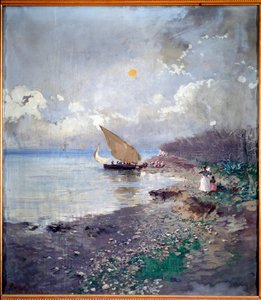 Regresso da pesca Pintura de praia de Pompeo Mariani (1857-1927) 1898 Dim 115x100 cm Genes, Galleria d