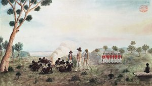 Sr. White, Harris e Laing com um grupo de soldados que visitam Botany Bay Colebee naquele lugar quando feridos perto de Botany Bay, c.1790 de Port Jackson Painter