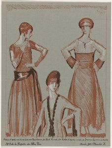 Gazette du Bon Ton, 1921 - No. 3, Pl. X: Vestido de tarde e terno sob medida, de Paul Poiret, e vestido de tarde, de Jeanne Lanvin (título no objeto) de Porter Woodruff