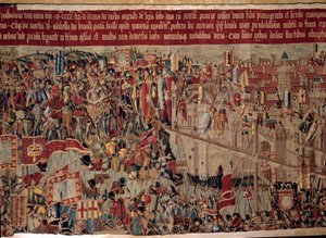 Conquete de África: "A captura de Asilah (Arzila) em Marrocos em 1471 pela frota portuguesa" Fragmento de uma tapeçaria da escola portuguesa do século XVI. Lisboa, Museu Nacional de Arte Antiga de Portuguese School