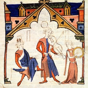 Fol.6r músicos tocando uma viola e um pandeiro, do Chansonnier des Nobles de Portuguese School