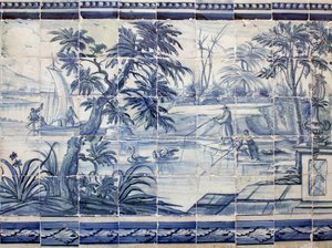Pescadores de lago na Ásia - Azulejos, faiança pintada de Portuguese School