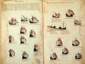 Página manuscrita "Memoriais das Armadas de Portugal sob D. Manuel I (1469-1521)" representando as frotas portuguesas. 1533 a.N. Paris de Portuguese School