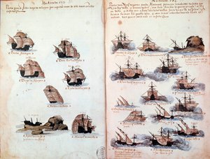 Página manuscrita "Memoriais das Armadas de Portugal sob D. Manuel I (1469-1521)" representando as frotas portuguesas. 1523 a.N. Paris de Portuguese School
