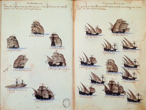 Página manuscrita "Memoriais das Armadas de Portugal sob o reinado de D. Manuel I (1469-1521)" representando as frotas portuguesas de Portuguese School