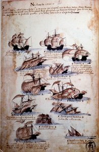 Página manuscrita "Memórias das armadas de Portugal sob D. Manuel I (1469-1521)" representando as frotas portuguesas do ano de 1497. 1500 Lisboa, Museu Nacional de Arte Antiga de Portuguese School