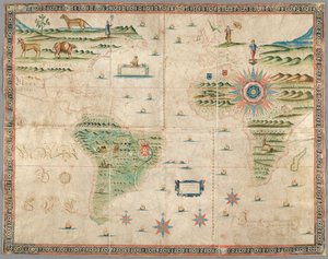 Mapa da Europa Ocidental, África e América, com desenhos de montanhas, animais, etc. Joseph da Costa e Miranda de Portuguese School