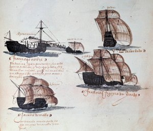 Memoriais das Armadas de Portugal sob o reinado de D. Manuel I (1469-1521): representação das caravelas da frota portuguesa. Miniatura de um manuscrito de 1497. Lisboa. Museu Nacional de Arte Antiga de Portuguese School