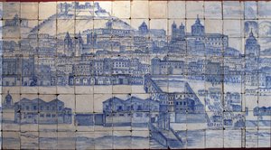 Vista panorâmica de Lisboa, antes do terramoto de 1755 - Azulejos início do século XVIII, painel de aviso do antigo palácio dos Condes de Tentugal, Lisboa (Grande Lisboa panorâmica antes do terramoto de 1755, faiança início do século XVIII, antigo palácio