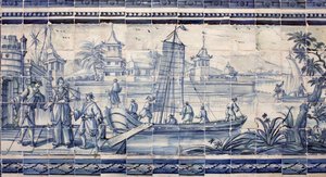 Cena nas margens de um rio na Ásia - Azulejos, faiança pintada de Portuguese School