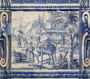 Cena com um camelo na Ásia - Azulejos, faiança pintada de Portuguese School