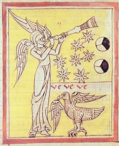 O Anjo soprando a trombeta, as sete estrelas e a águia de São João Evangelista, do Apocalipse de São João de Lorvão de Portuguese School