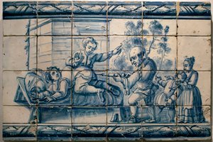 O médico a fazer um clister a um paciente - Painel satírico de Lisboa, primeira metade do século XVIII (Médico - painel satírico, primeira metade do século XVIII) - Musee national des azulejos, Lisboa (Portugal)